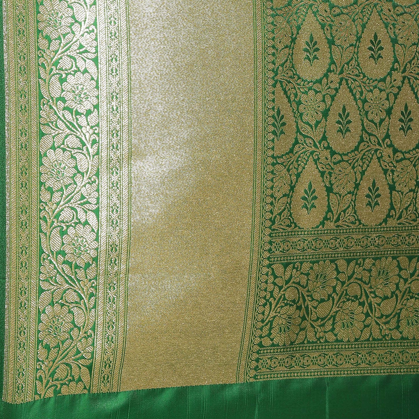 Faishana Presents Orange Mughal Motif Satin Silk Skirt Kadiyal Green Border Banarasi Saree