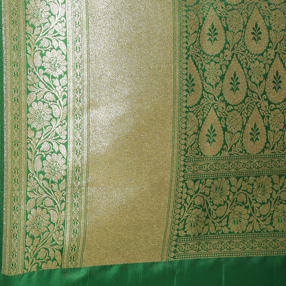 Faishana Presents Orange Mughal Motif Satin Silk Skirt Kadiyal Green Border Banarasi Saree