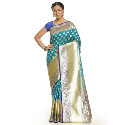 Faishana Presents Torquoise Blue Mughal Motif Satin Silk Skirt Kadiyal Blue Border with Blouse Blouse Banarasi Saree