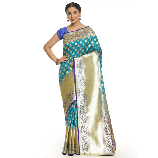 Faishana Presents Torquoise Blue Mughal Motif Satin Silk Skirt Kadiyal Blue Border with Blouse Blouse Banarasi Saree