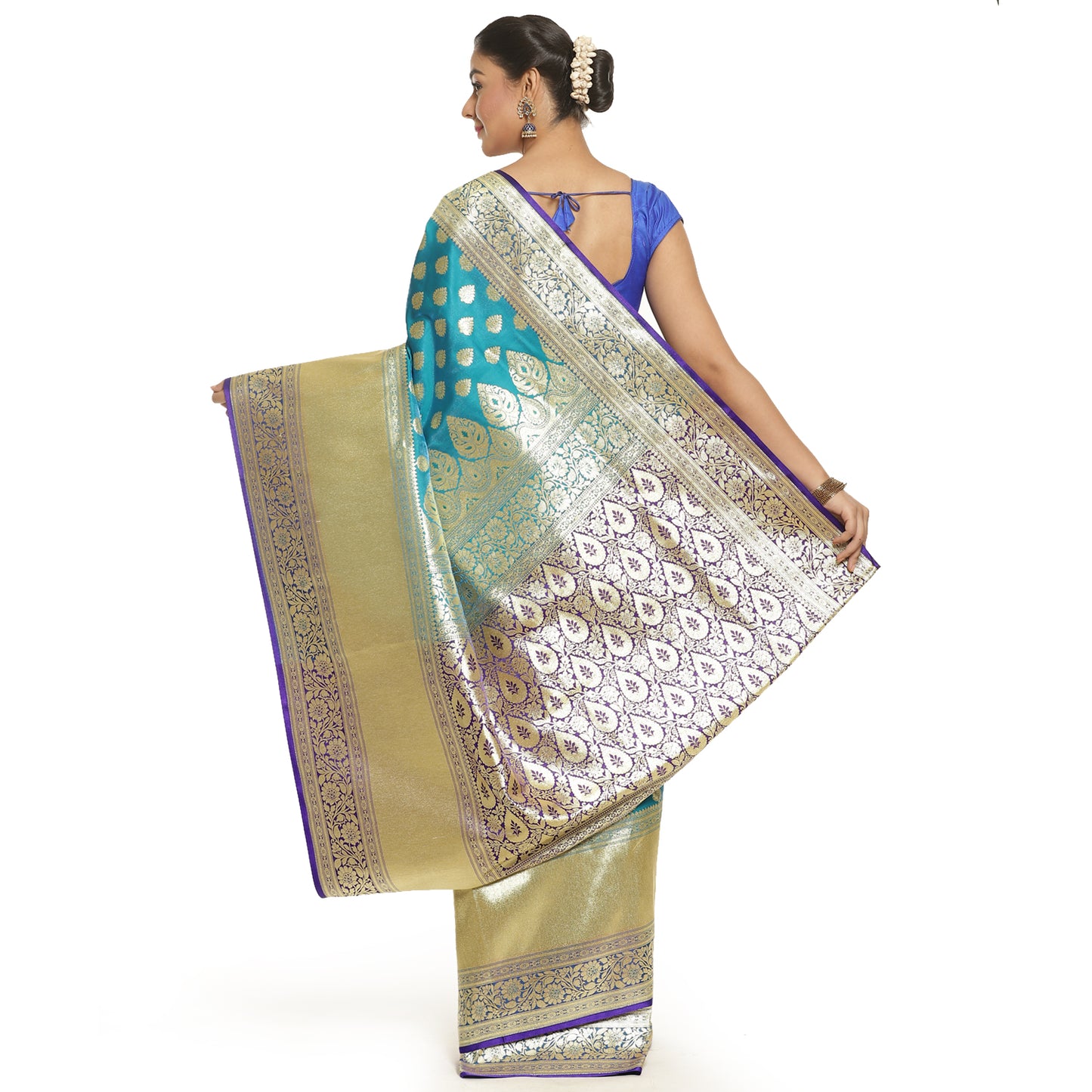 Faishana Presents Torquoise Blue Mughal Motif Satin Silk Skirt Kadiyal Blue Border with Blouse Blouse Banarasi Saree