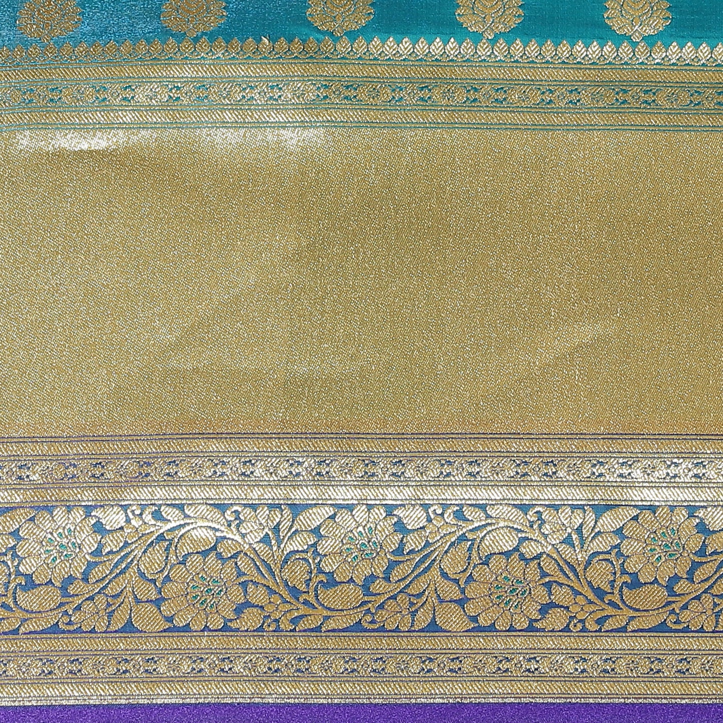 Faishana Presents Torquoise Blue Mughal Motif Satin Silk Skirt Kadiyal Blue Border with Blouse Blouse Banarasi Saree