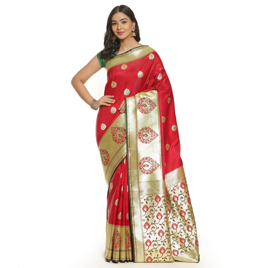 Faishana Presents Red Satin Silk Mughal Motif Zari Boota Paithani Anchal Skirt Border Green Blouse Banarasi Saree