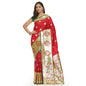Faishana Presents Red Satin Silk Mughal Motif Zari Boota Paithani Anchal Skirt Border Green Blouse Banarasi Saree