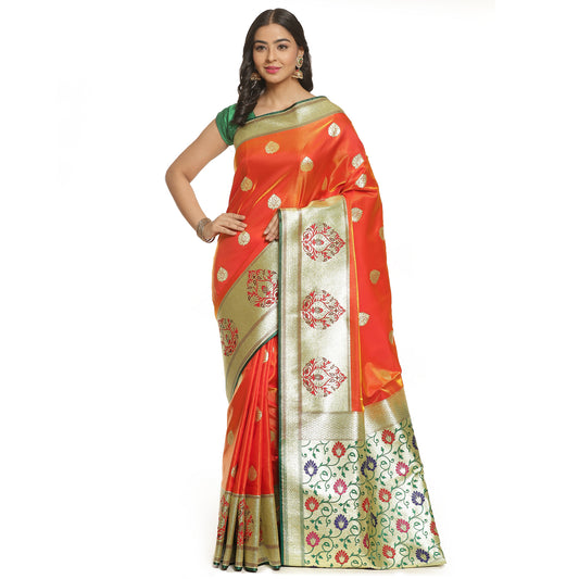 Faishana Presents Orange Satin Silk Zari Boota Paithani Anchal Skirt Border with Green Blouse Banarasi Saree