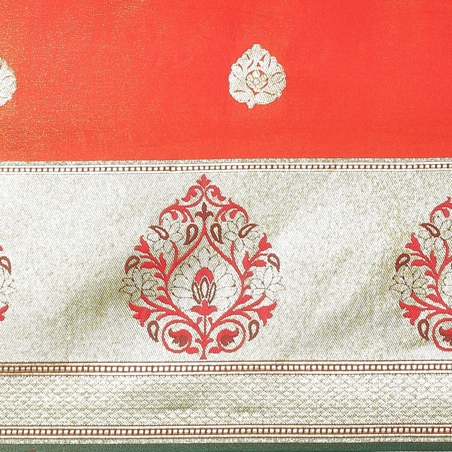 Faishana Presents Orange Satin Silk Zari Boota Paithani Anchal Skirt Border with Green Blouse Banarasi Saree