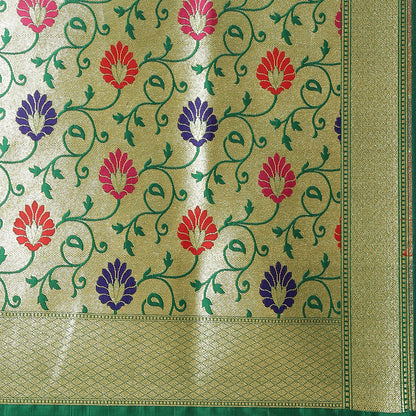 Faishana Presents Orange Satin Silk Zari Boota Paithani Anchal Skirt Border with Green Blouse Banarasi Saree