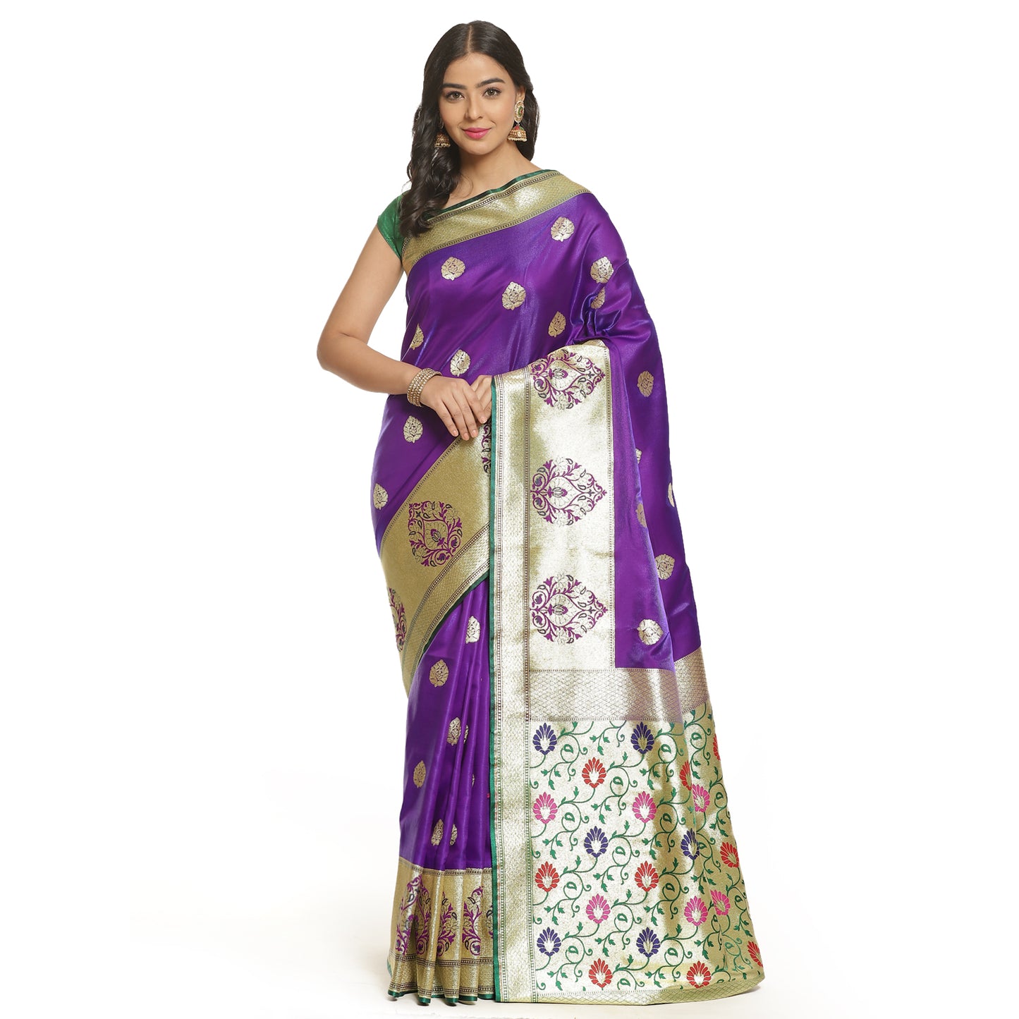 Faishana Presents Purple Satin Silk Mughal Motif Zari Boota Paithani Anchal and Skirt Border with Green Blouse Banarasi Saree