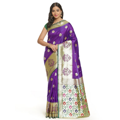 Faishana Presents Purple Satin Silk Mughal Motif Zari Boota Paithani Anchal and Skirt Border with Green Blouse Banarasi Saree