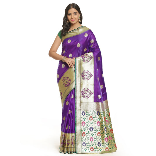 Faishana Presents Purple Satin Silk Mughal Motif Zari Boota Paithani Anchal and Skirt Border with Green Blouse Banarasi Saree
