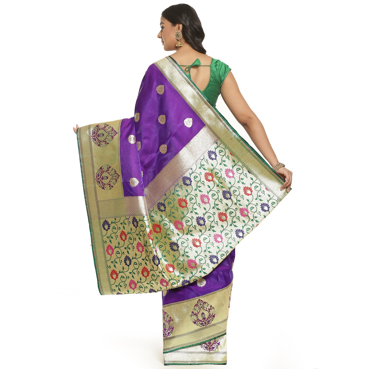 Faishana Presents Purple Satin Silk Mughal Motif Zari Boota Paithani Anchal and Skirt Border with Green Blouse Banarasi Saree