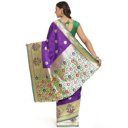 Faishana Presents Purple Satin Silk Mughal Motif Zari Boota Paithani Anchal and Skirt Border with Green Blouse Banarasi Saree