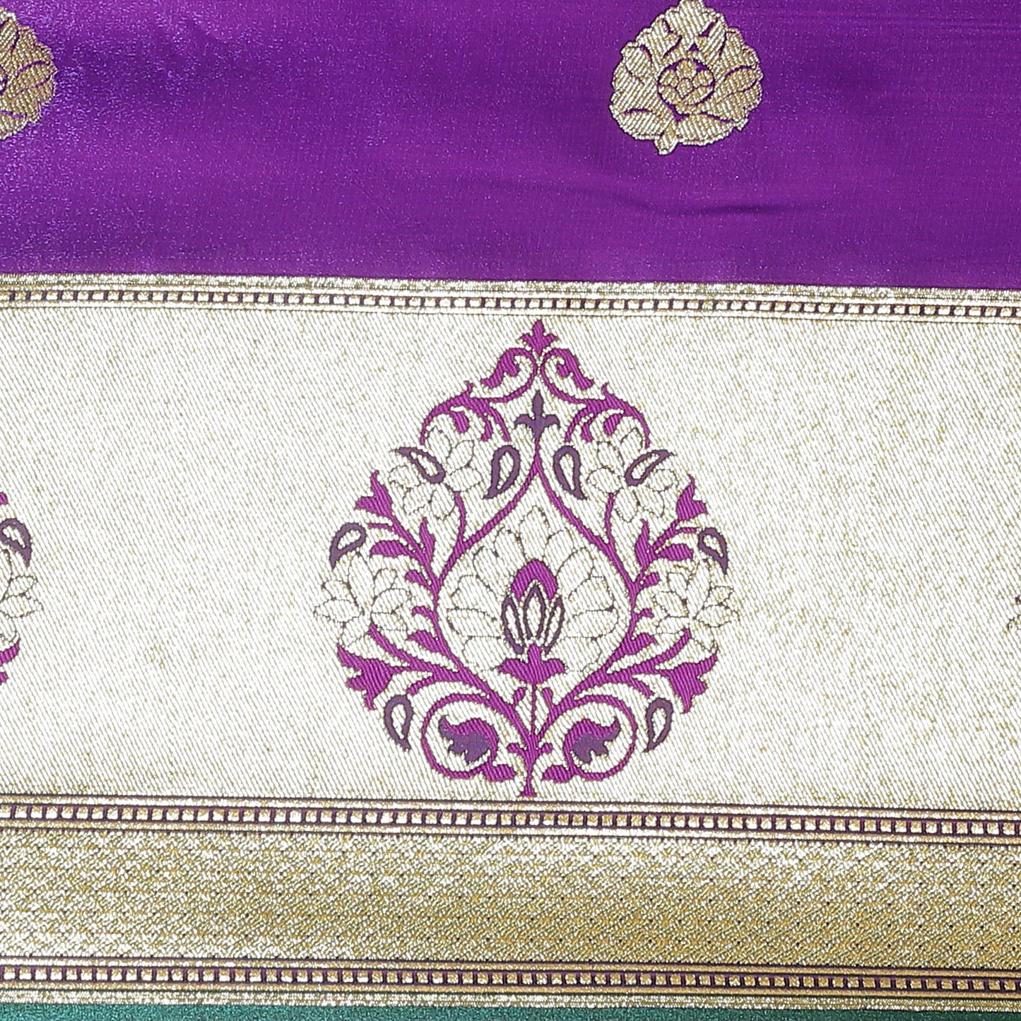 Faishana Presents Purple Satin Silk Mughal Motif Zari Boota Paithani Anchal and Skirt Border with Green Blouse Banarasi Saree