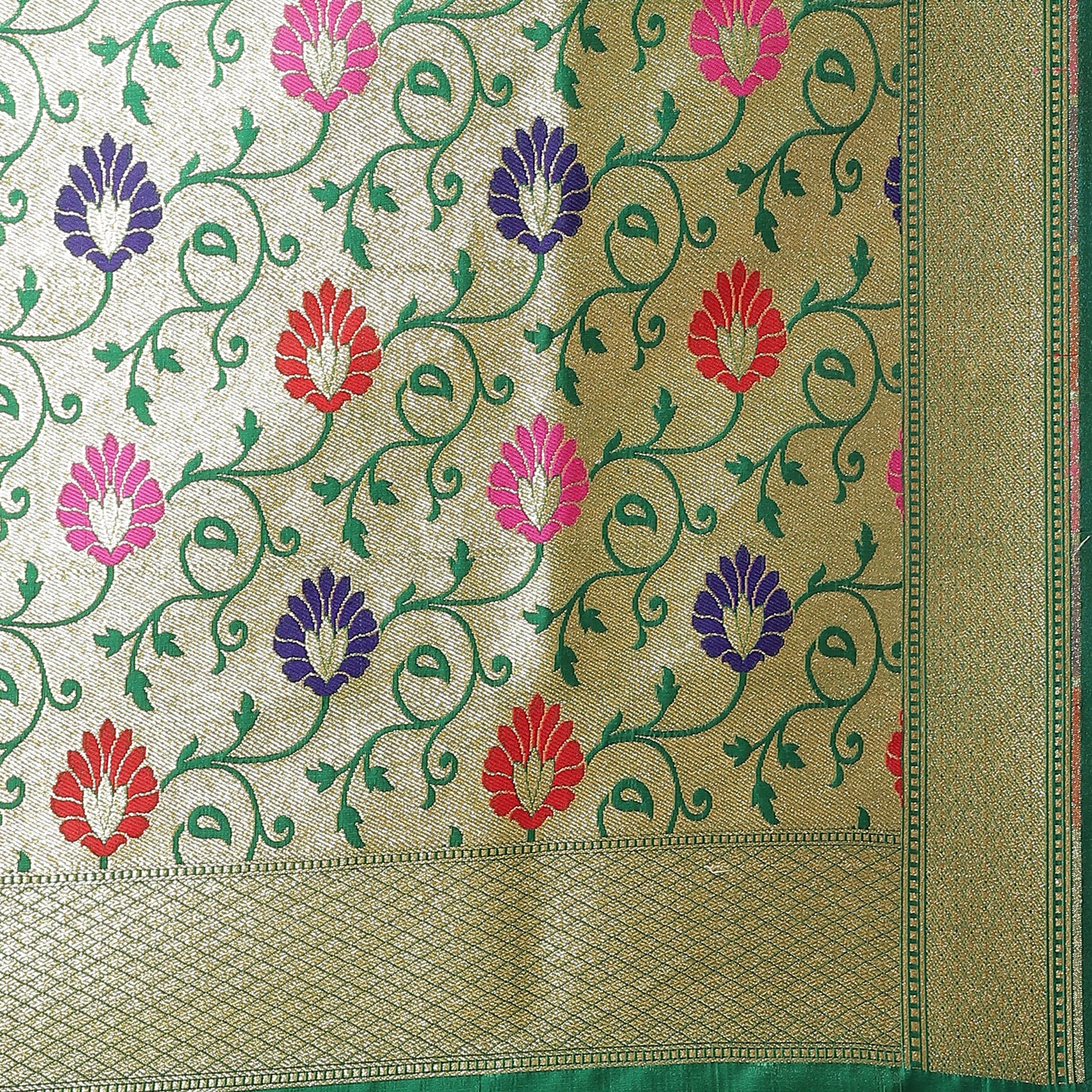 Faishana Presents Purple Satin Silk Mughal Motif Zari Boota Paithani Anchal and Skirt Border with Green Blouse Banarasi Saree