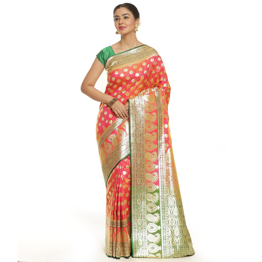 Faishana Presents Peach Mughal Motif Satin Silk Zari Booti Kadiyal Skirt Mustard & Green Border with Green Blouse Banarasi Saree