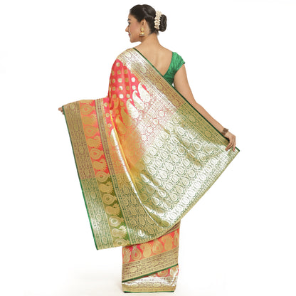 Faishana Presents Peach Mughal Motif Satin Silk Zari Booti Kadiyal Skirt Mustard & Green Border with Green Blouse Banarasi Saree