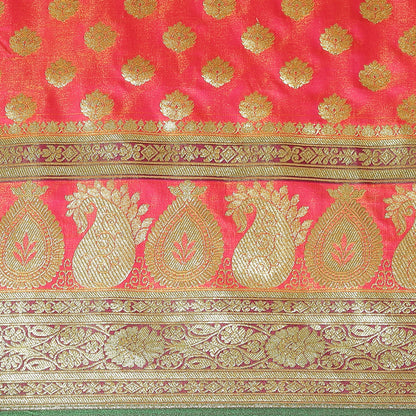 Faishana Presents Peach Mughal Motif Satin Silk Zari Booti Kadiyal Skirt Mustard & Green Border with Green Blouse Banarasi Saree