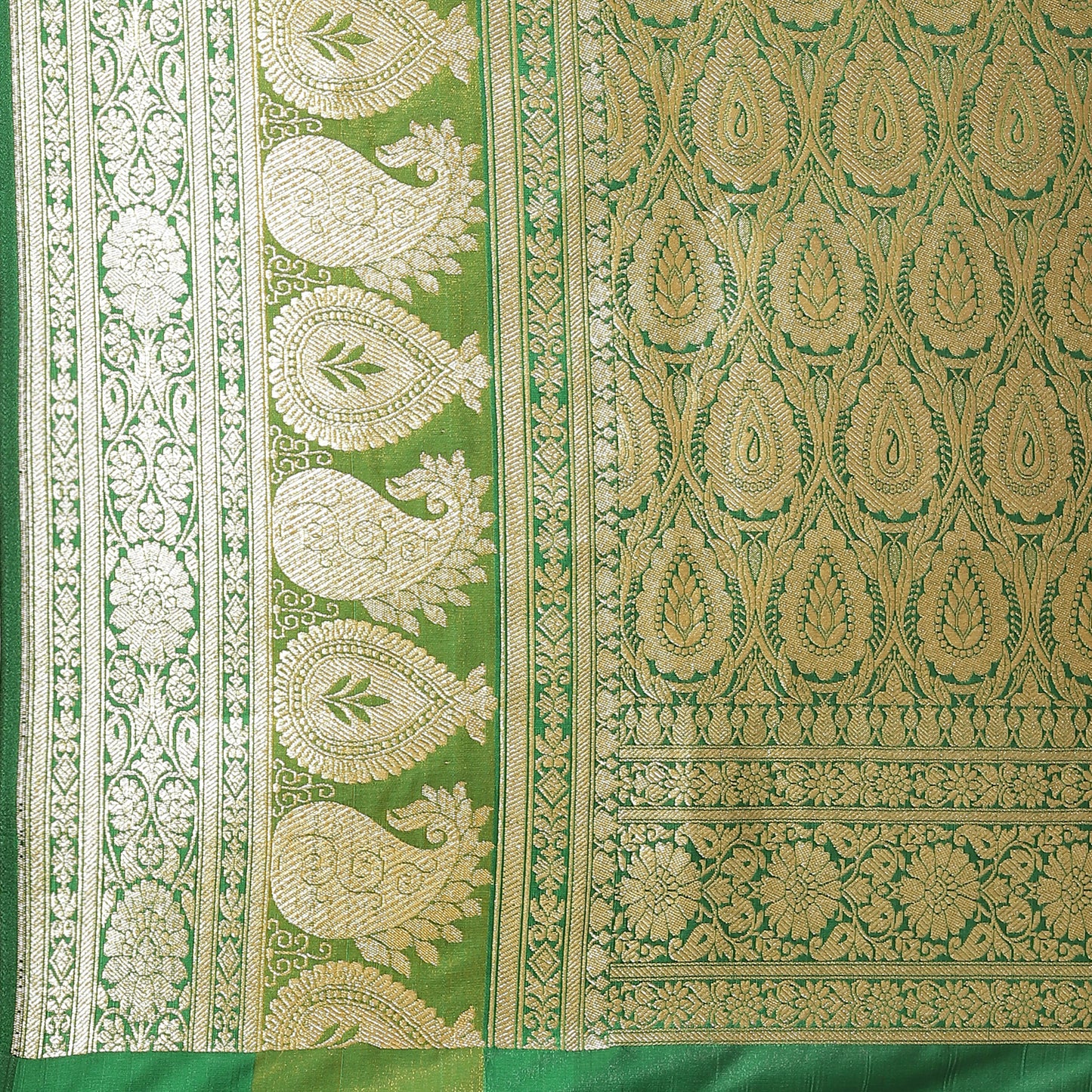 Faishana Presents Peach Mughal Motif Satin Silk Zari Booti Kadiyal Skirt Mustard & Green Border with Green Blouse Banarasi Saree