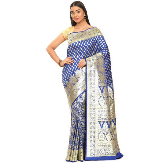 Faishana Presents Royal Blue Satin Silk Mughal Motif Half Half Patli Zari Booti With Skirt Border and Blue Blouse Banarasi Saree