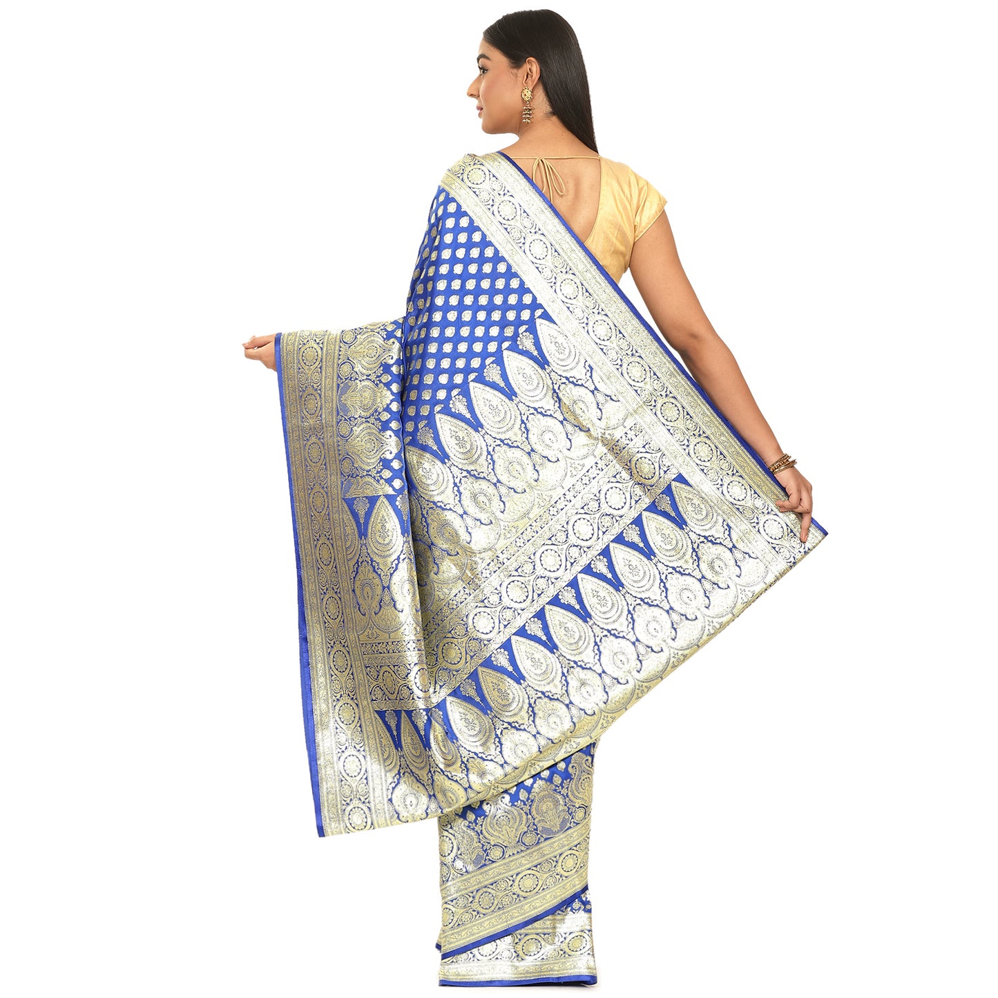 Faishana Presents Royal Blue Satin Silk Mughal Motif Half Half Patli Zari Booti With Skirt Border and Blue Blouse Banarasi Saree