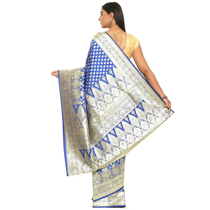 Faishana Presents Royal Blue Satin Silk Mughal Motif Half Half Patli Zari Booti With Skirt Border and Blue Blouse Banarasi Saree