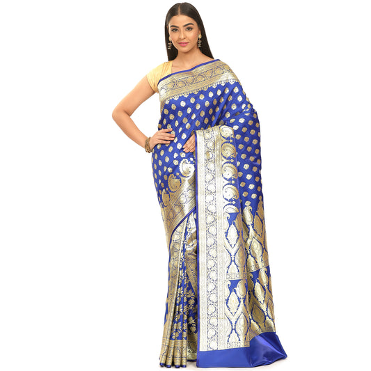 Faishana Presents Royal Blue Satin Silk Mughal Motif Zari Booti With Skirt Border and Blue Blouse Banarasi Saree