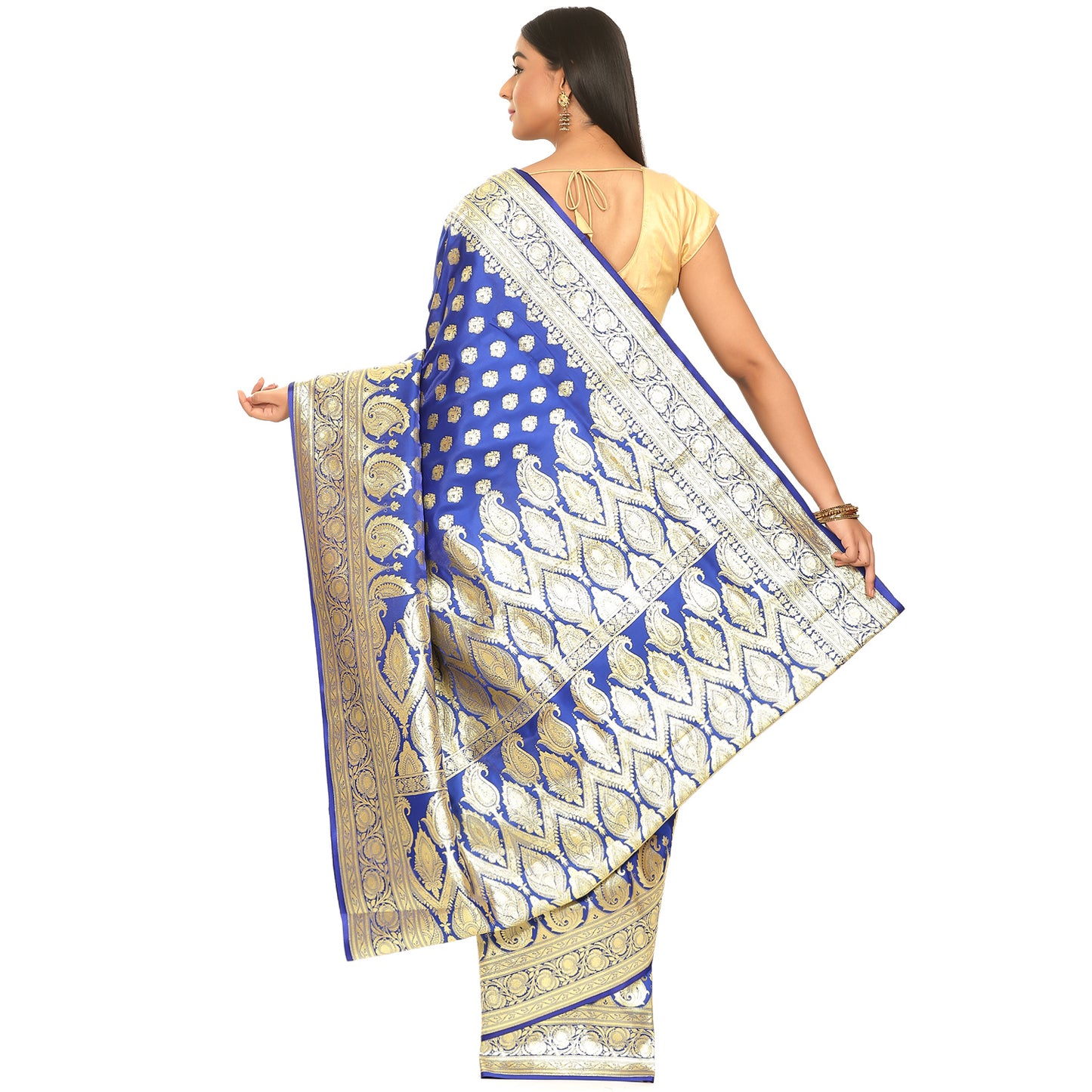 Faishana Presents Royal Blue Satin Silk Mughal Motif Zari Booti With Skirt Border and Blue Blouse Banarasi Saree
