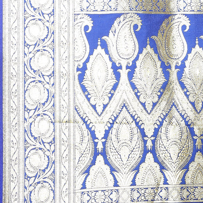 Faishana Presents Royal Blue Satin Silk Mughal Motif Zari Booti With Skirt Border and Blue Blouse Banarasi Saree