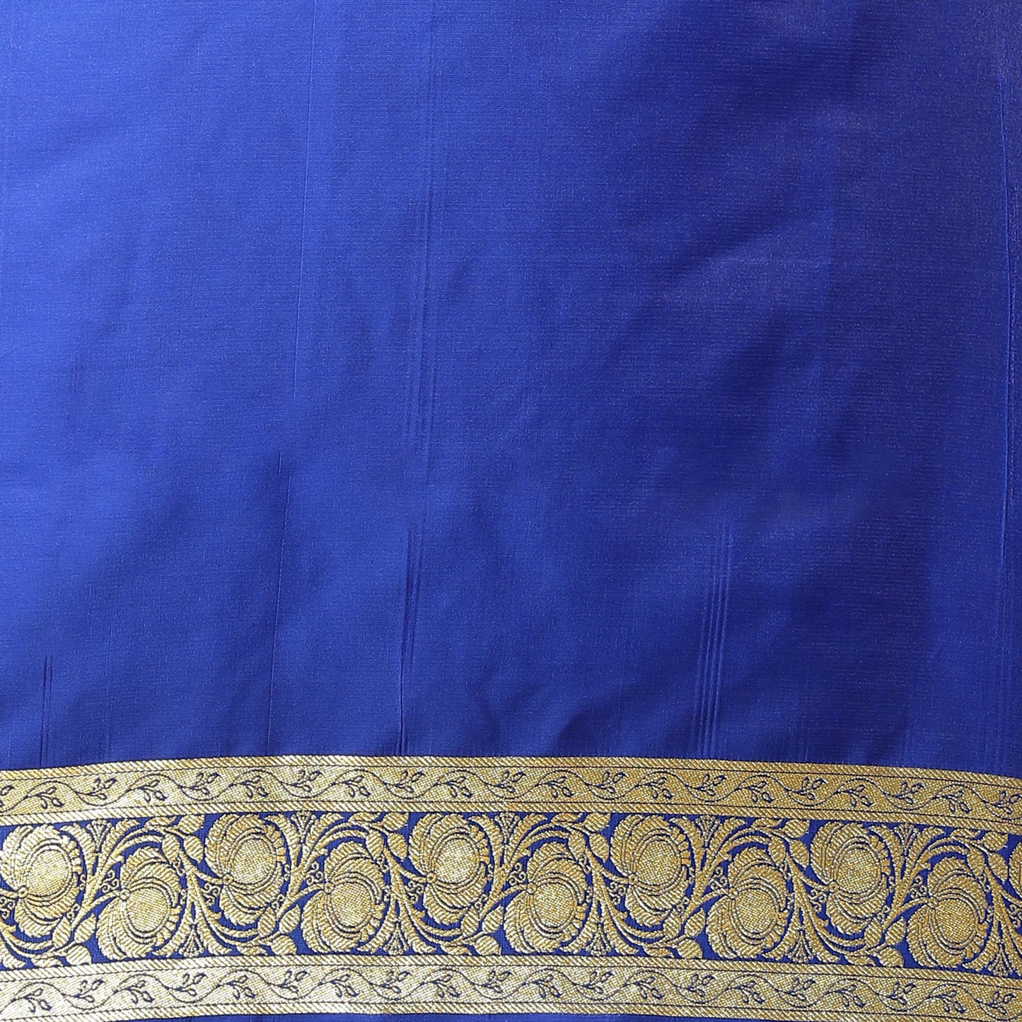 Faishana Presents Royal Blue Satin Silk Mughal Motif Zari Booti With Skirt Border and Blue Blouse Banarasi Saree