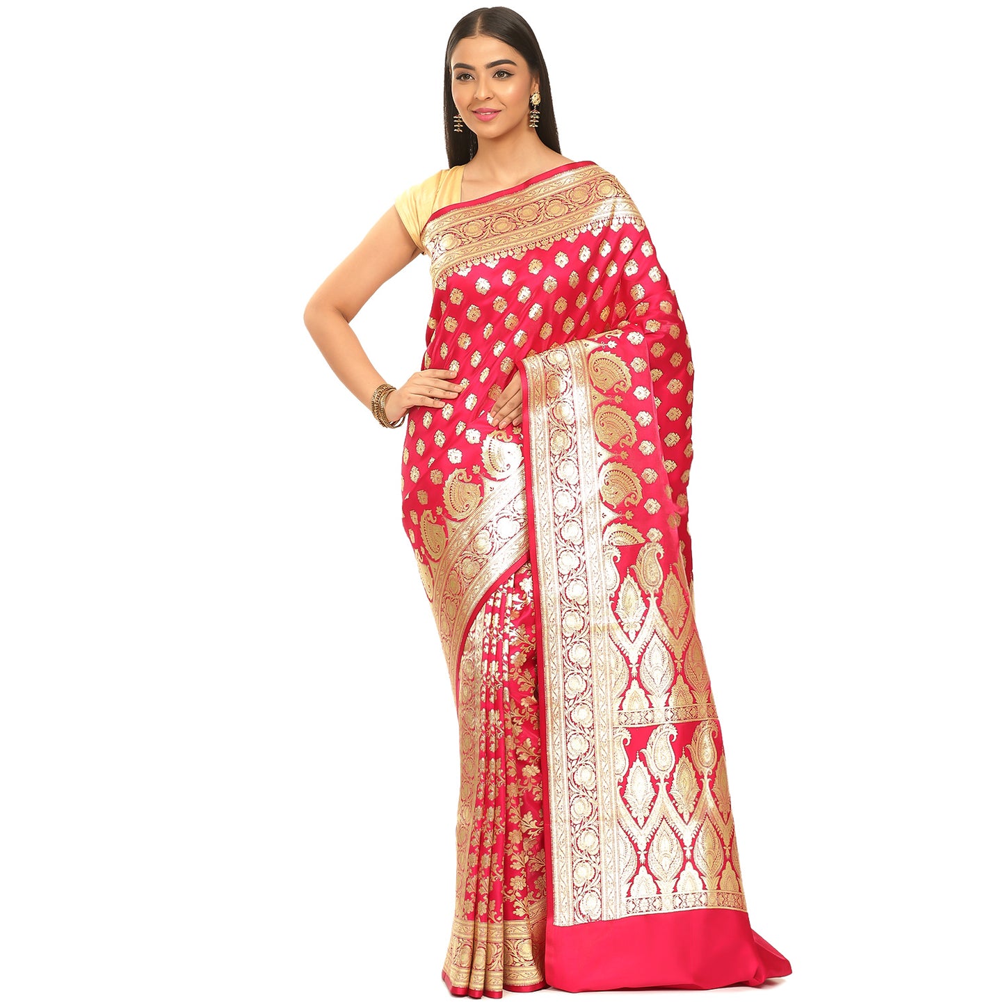 Faishana Presents Pink Satin Silk Mughal Motif Zari Booti With Skirt Border and Pink Blouse Banarasi Saree