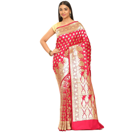 Faishana Presents Pink Satin Silk Mughal Motif Zari Booti With Skirt Border and Pink Blouse Banarasi Saree