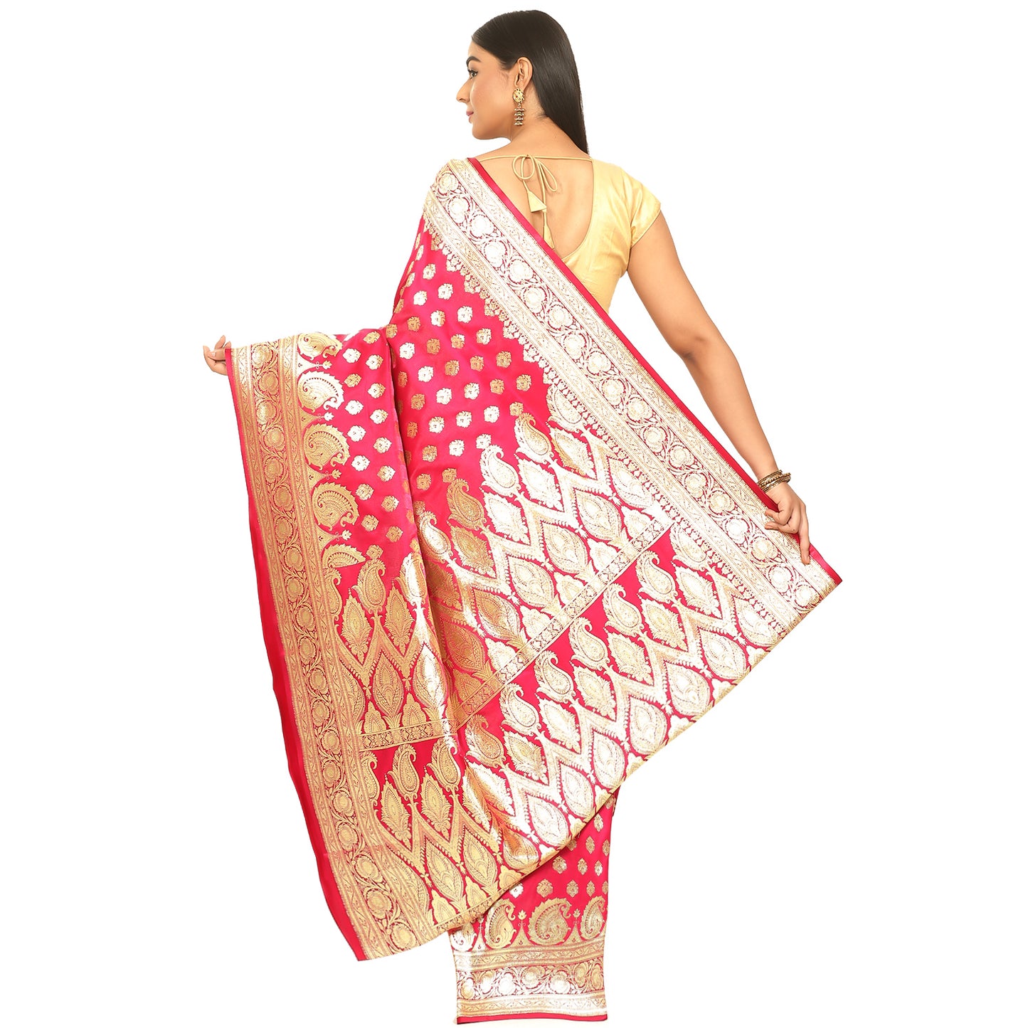 Faishana Presents Pink Satin Silk Mughal Motif Zari Booti With Skirt Border and Pink Blouse Banarasi Saree