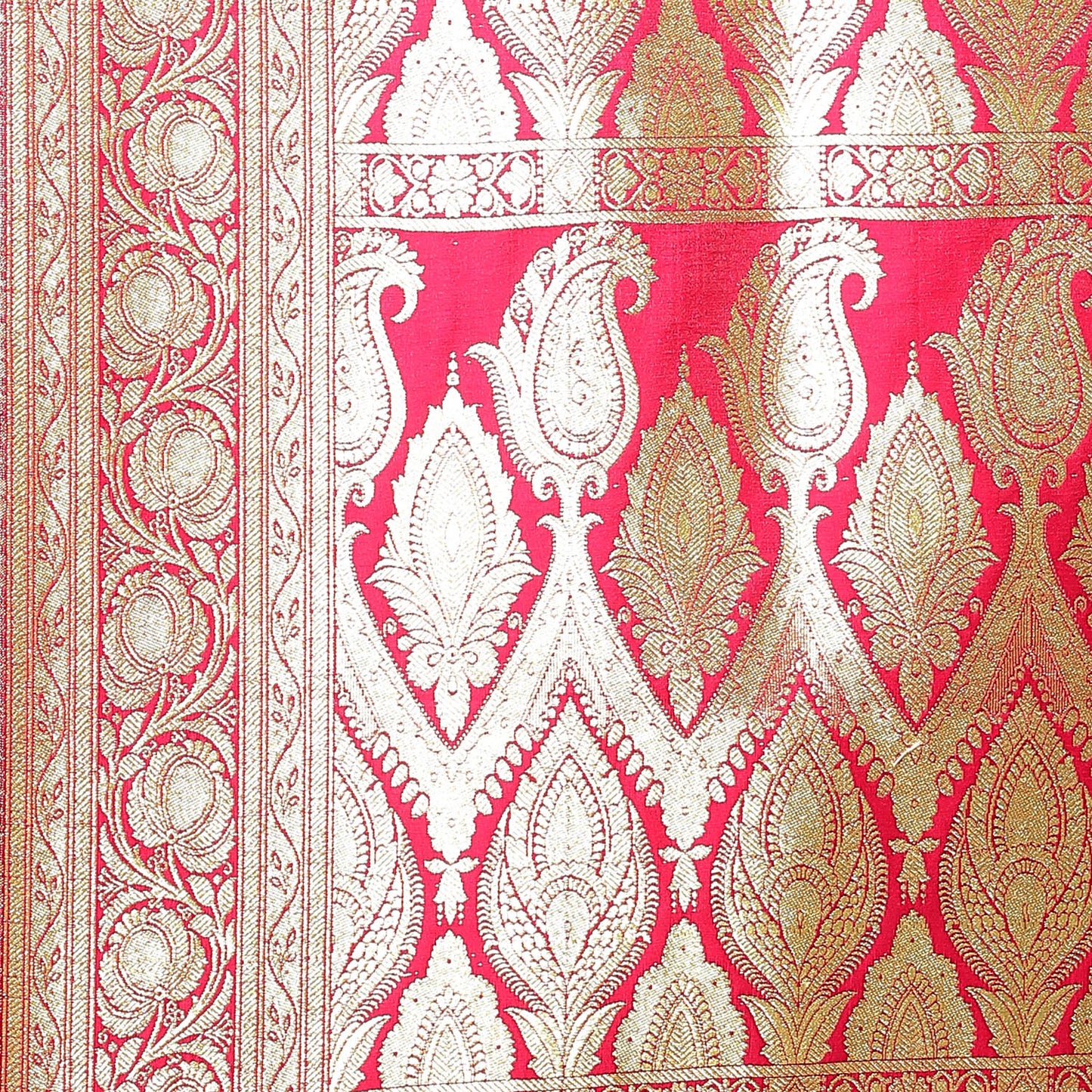Faishana Presents Pink Satin Silk Mughal Motif Zari Booti With Skirt Border and Pink Blouse Banarasi Saree