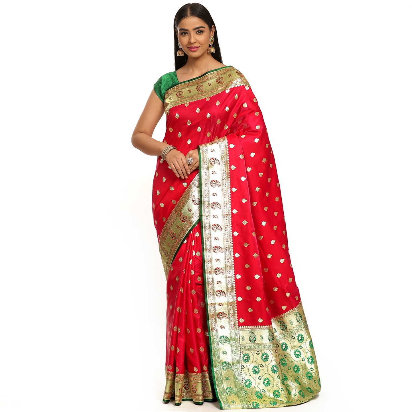 Faishana Red Satin Silk Mughal Motif Zari Booti Paithani Green Border with Contrast Green Blouse Saree