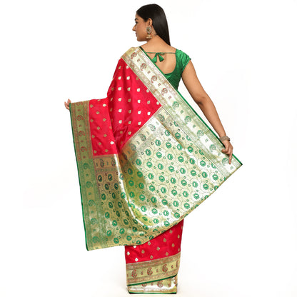 Faishana Red Satin Silk Mughal Motif Zari Booti Paithani Green Border with Contrast Green Blouse Saree