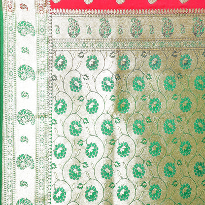 Faishana Red Satin Silk Mughal Motif Zari Booti Paithani Green Border with Contrast Green Blouse Saree