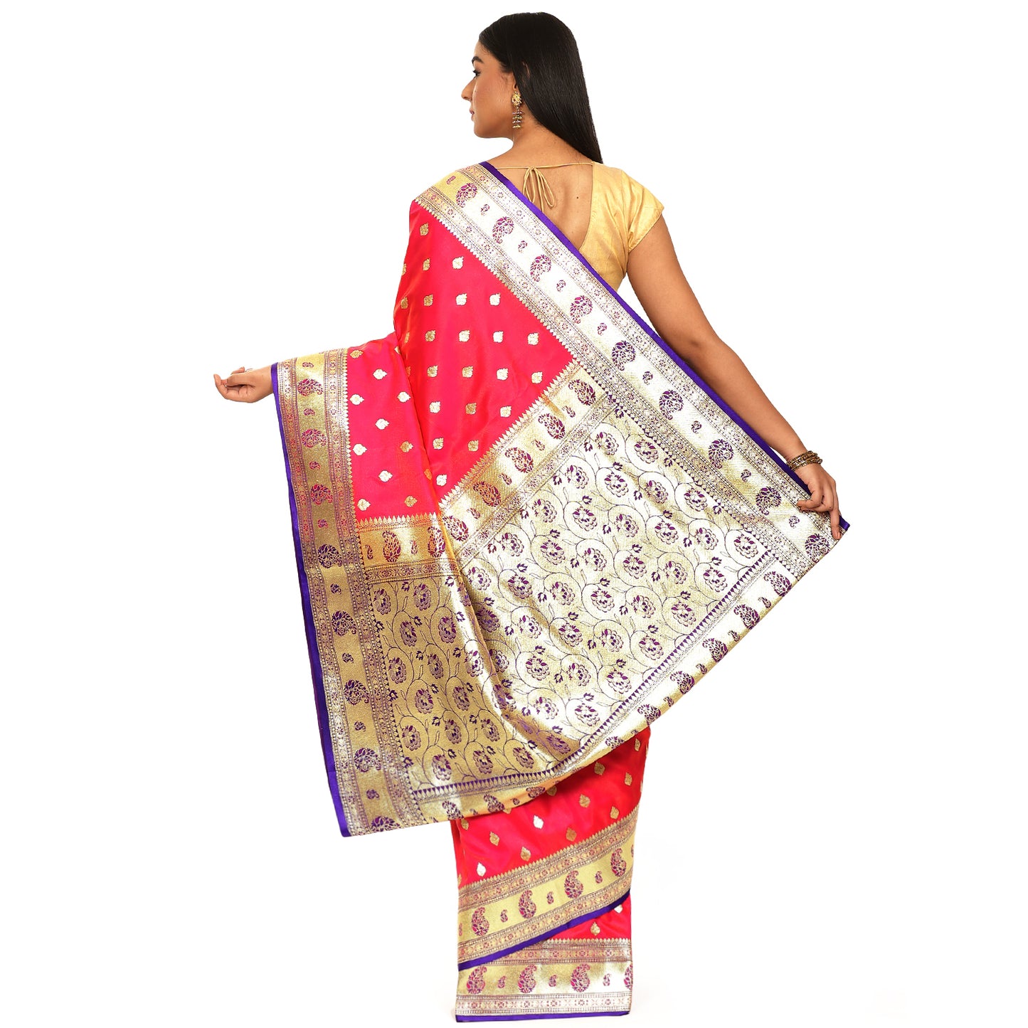 Faishana Presents Pink Satin Silk Mughal Motif Zari Booti Paithani Zari Border with Blue Blouse Saree