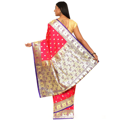 Faishana Presents Pink Satin Silk Mughal Motif Zari Booti Paithani Zari Border with Blue Blouse Saree