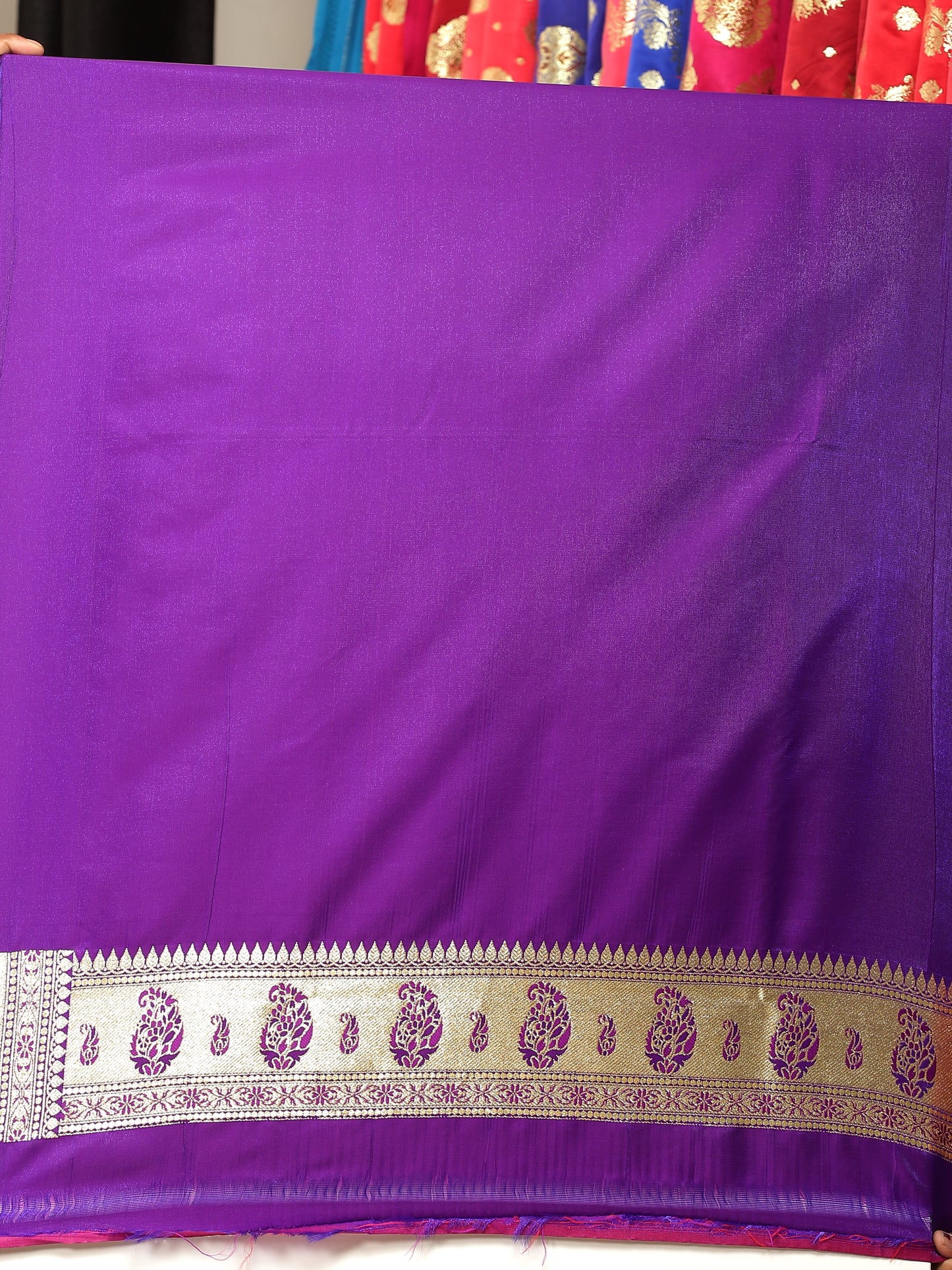 Faishana Presents Pink Satin Silk Mughal Motif Zari Booti Paithani Zari Border with Blue Blouse Saree