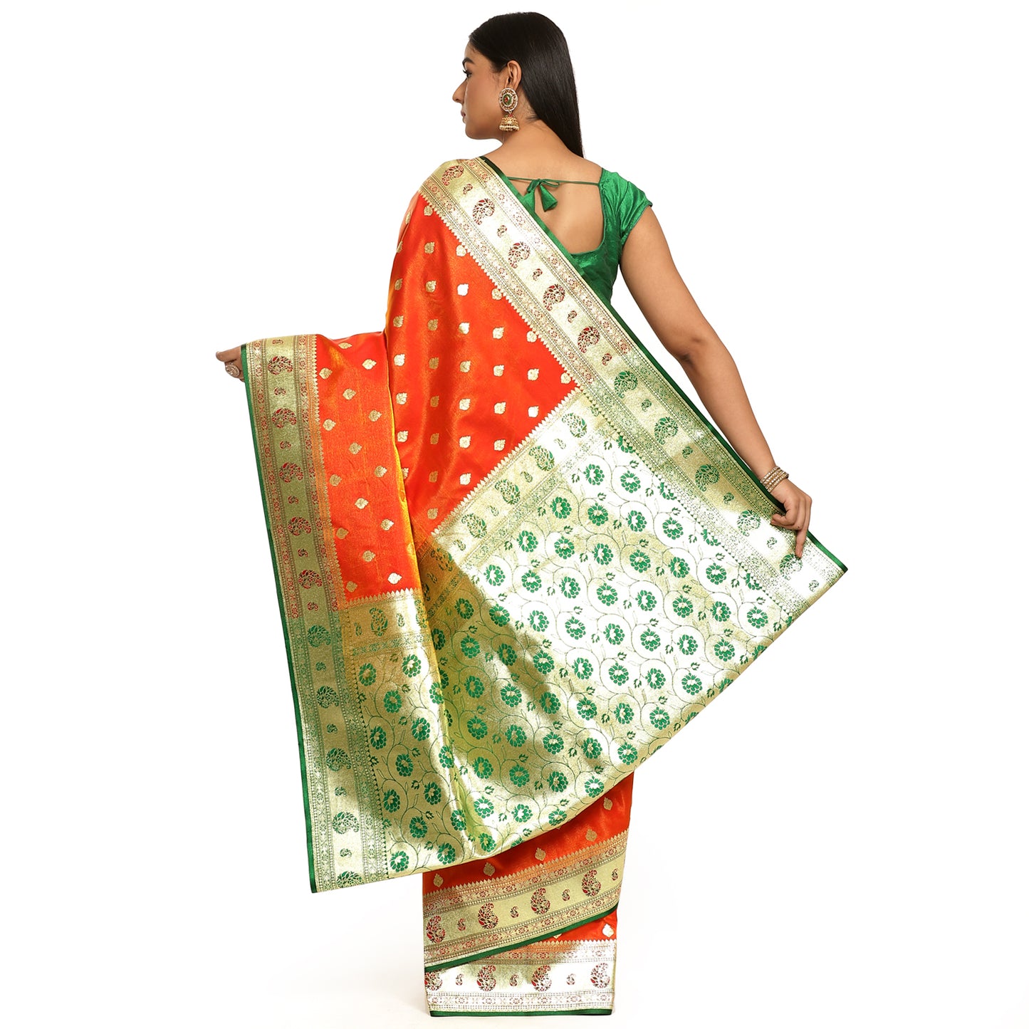 Faishana Orange Satin Silk Gold Zari Booti Green Paithani Border with Green Blouse Banarasi Saree