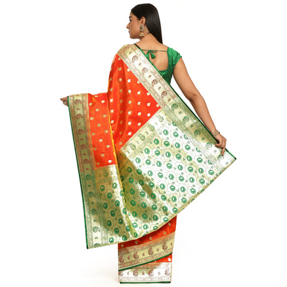 Faishana Orange Satin Silk Gold Zari Booti Green Paithani Border with Green Blouse Banarasi Saree