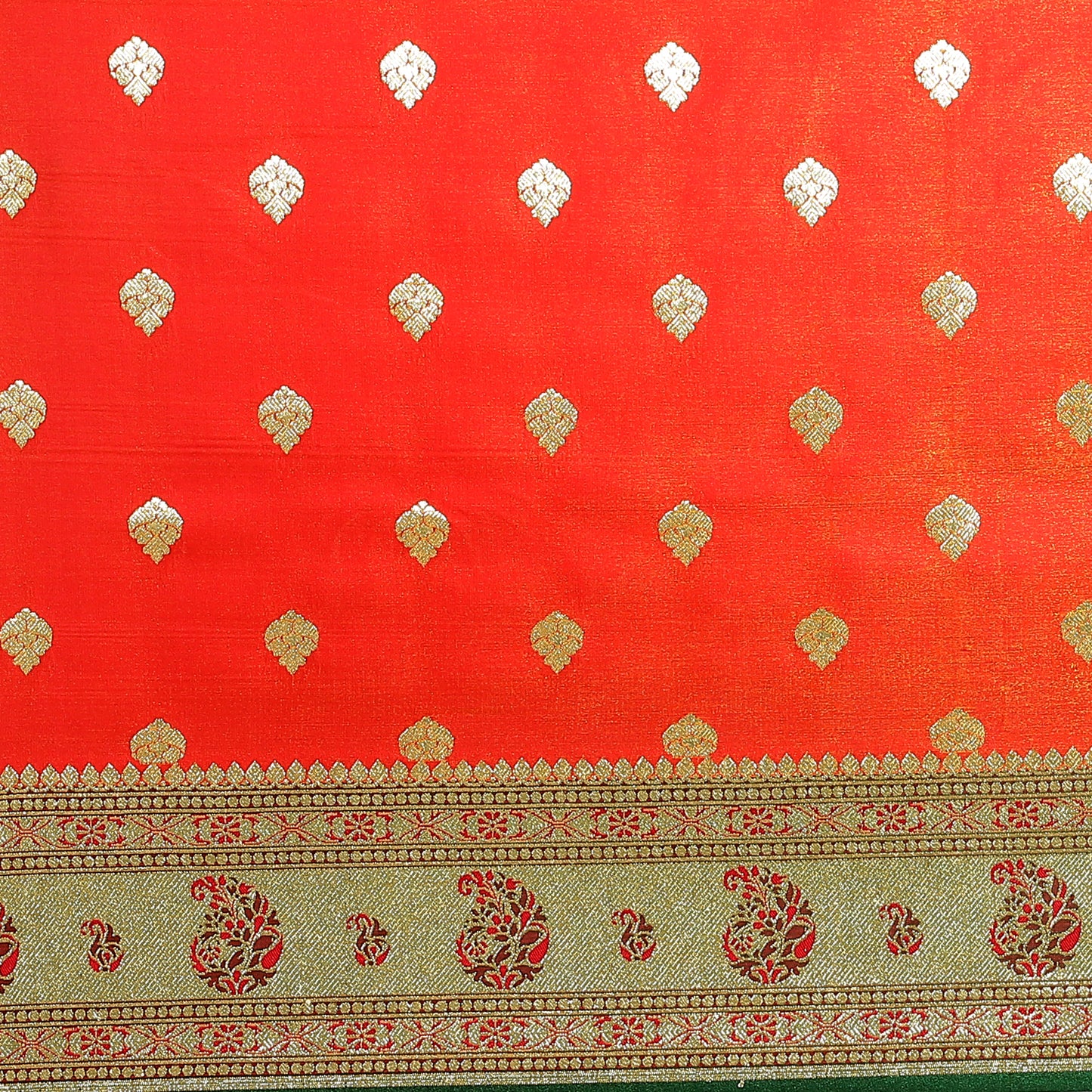 Faishana Orange Satin Silk Gold Zari Booti Green Paithani Border with Green Blouse Banarasi Saree