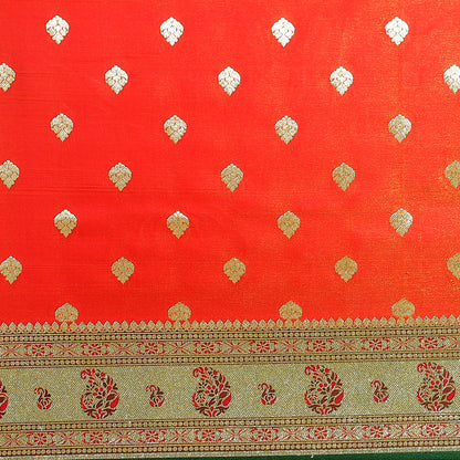 Faishana Orange Satin Silk Gold Zari Booti Green Paithani Border with Green Blouse Banarasi Saree