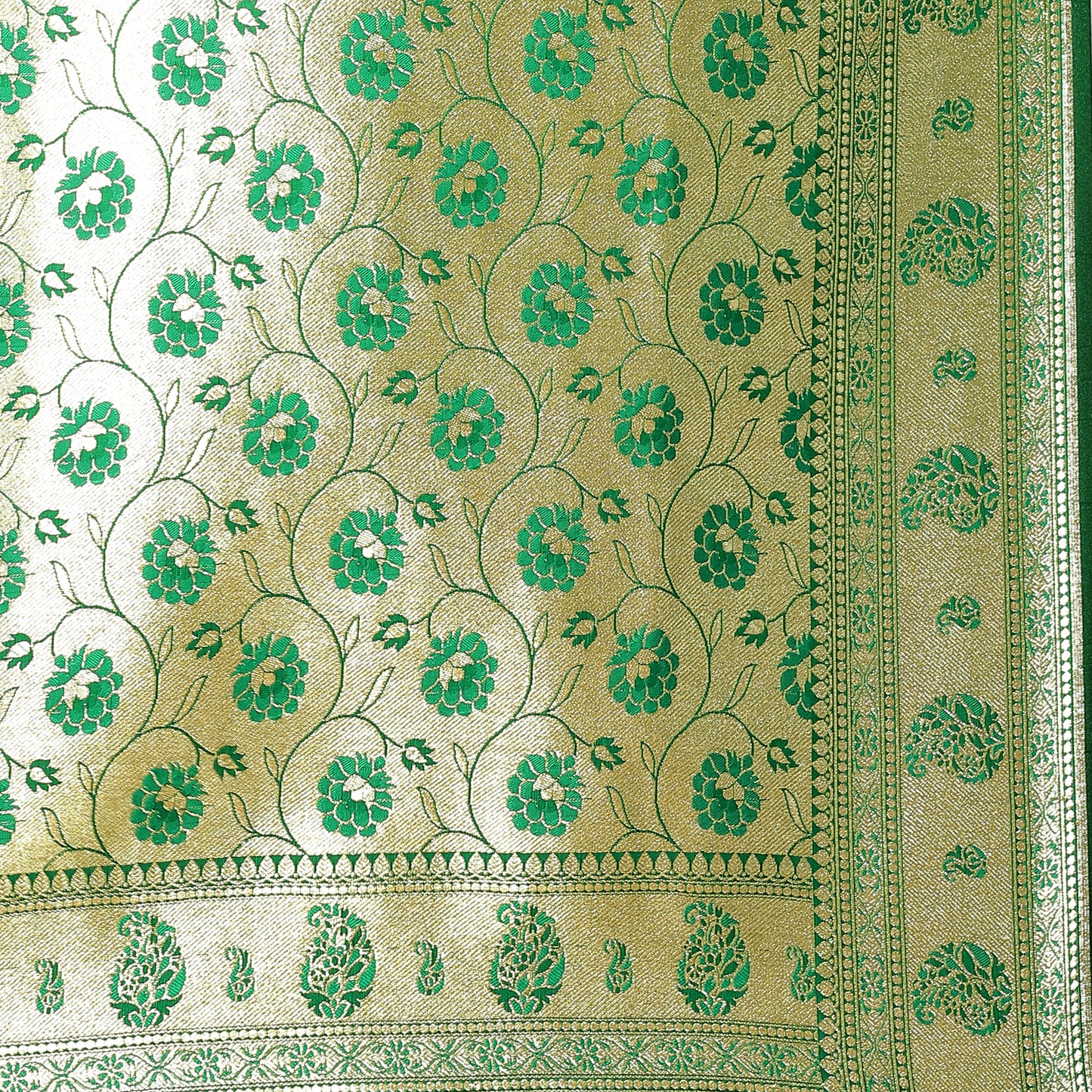Faishana Orange Satin Silk Gold Zari Booti Green Paithani Border with Green Blouse Banarasi Saree