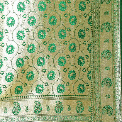 Faishana Orange Satin Silk Gold Zari Booti Green Paithani Border with Green Blouse Banarasi Saree
