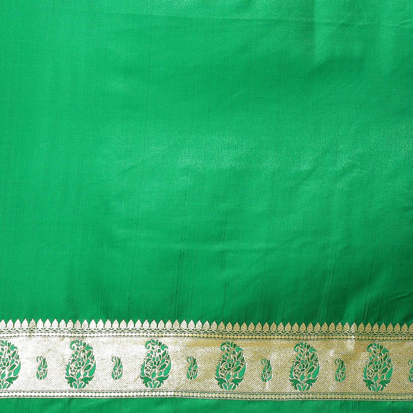 Faishana Orange Satin Silk Gold Zari Booti Green Paithani Border with Green Blouse Banarasi Saree