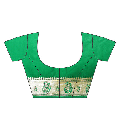 Faishana Orange Satin Silk Gold Zari Booti Green Paithani Border with Green Blouse Banarasi Saree