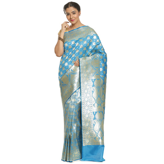 Faishana Presents Turqouise Blue Satin Silk Half Half Mughal Motif Booti With Skirt Border with Blue Blouse