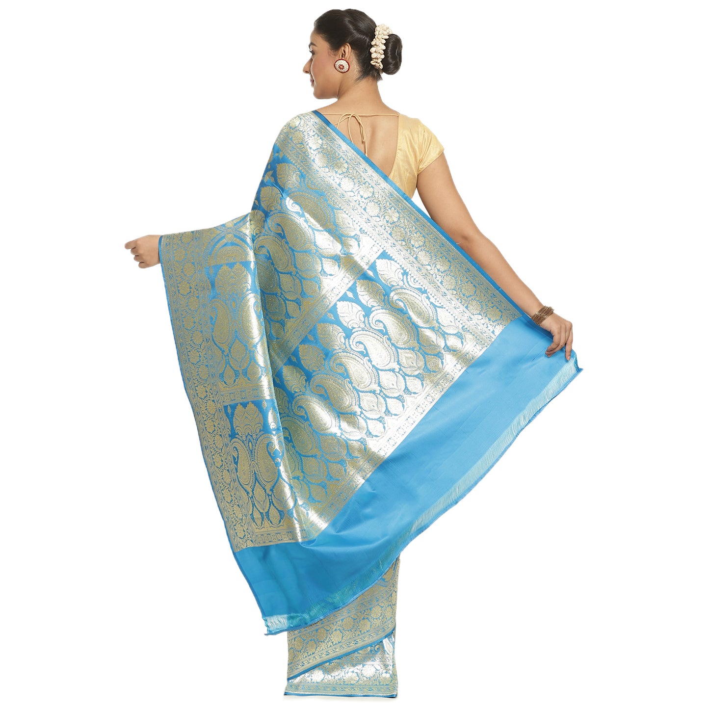Faishana Presents Turqouise Blue Satin Silk Half Half Mughal Motif Booti With Skirt Border with Blue Blouse