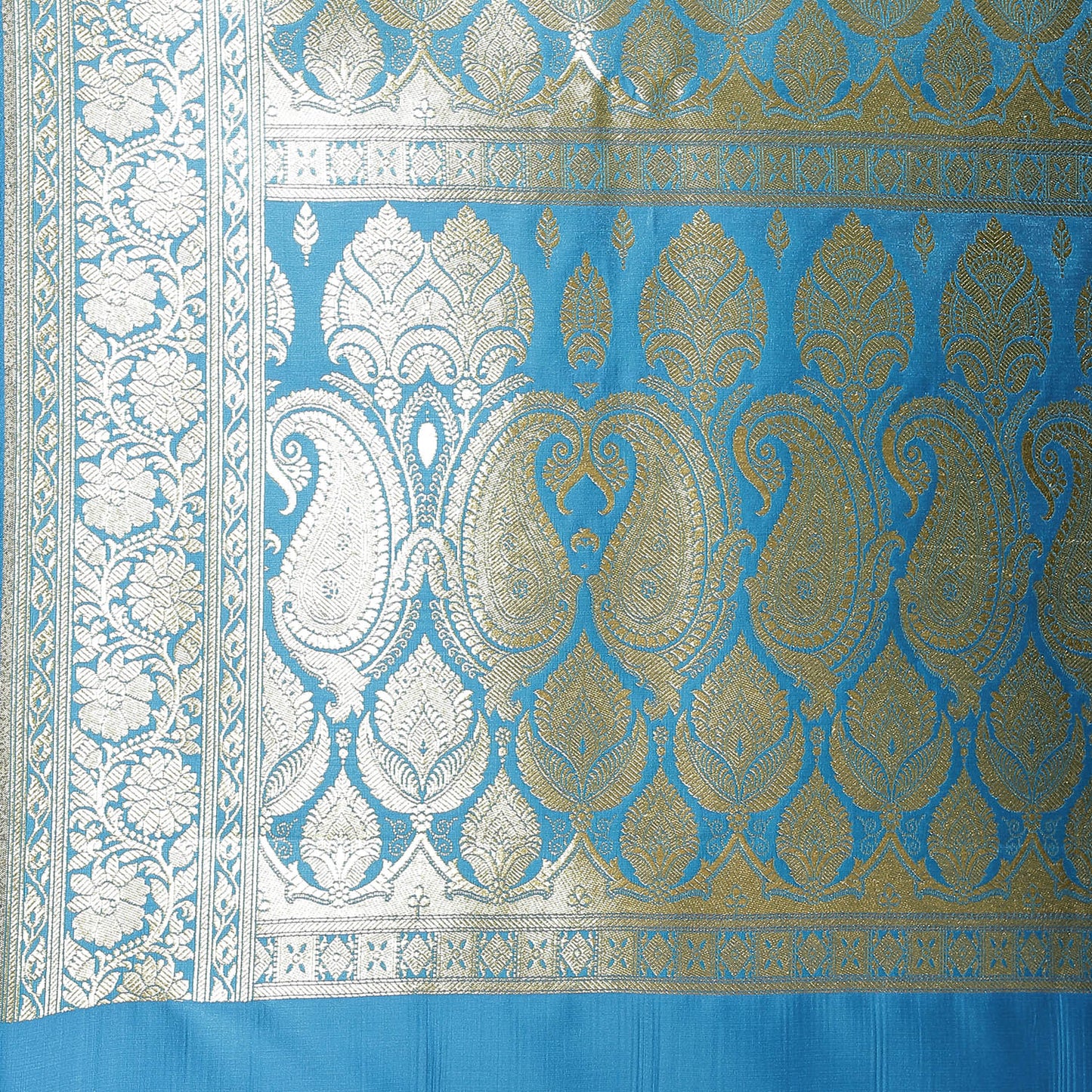 Faishana Presents Turqouise Blue Satin Silk Half Half Mughal Motif Booti With Skirt Border with Blue Blouse